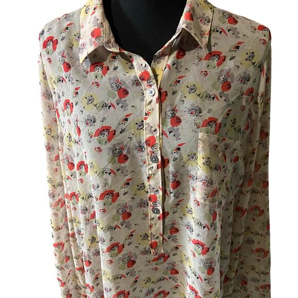 Ann Taylor LOFT Long Sleeve Sheer Cream Red Floral Button Up Blouse, Sz XL - Picture 5 of 10
